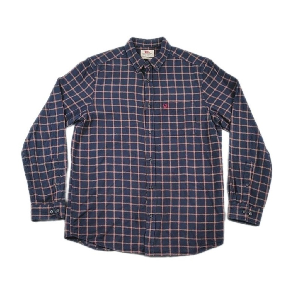 Fjallraven Ovik Flannel Long Sleeve Button Shirt Medium Mens Navy Red Plaid
